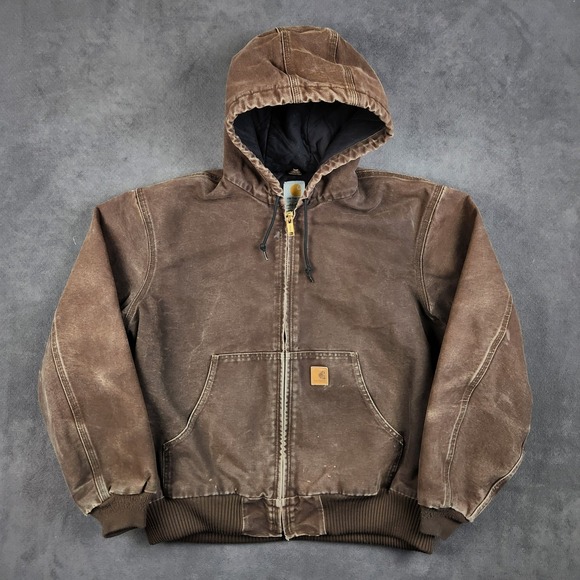 Carhartt J130 Active Jacket Mens Large Brown Washed Duck Hooded Quilt Lined Y2K